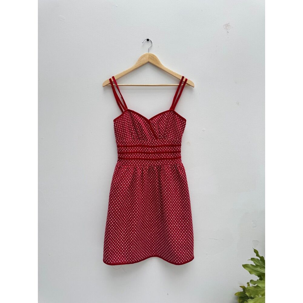 Red White Cross Print Tweed Sundress Velvet Trim Sweetheart Neckline Size S